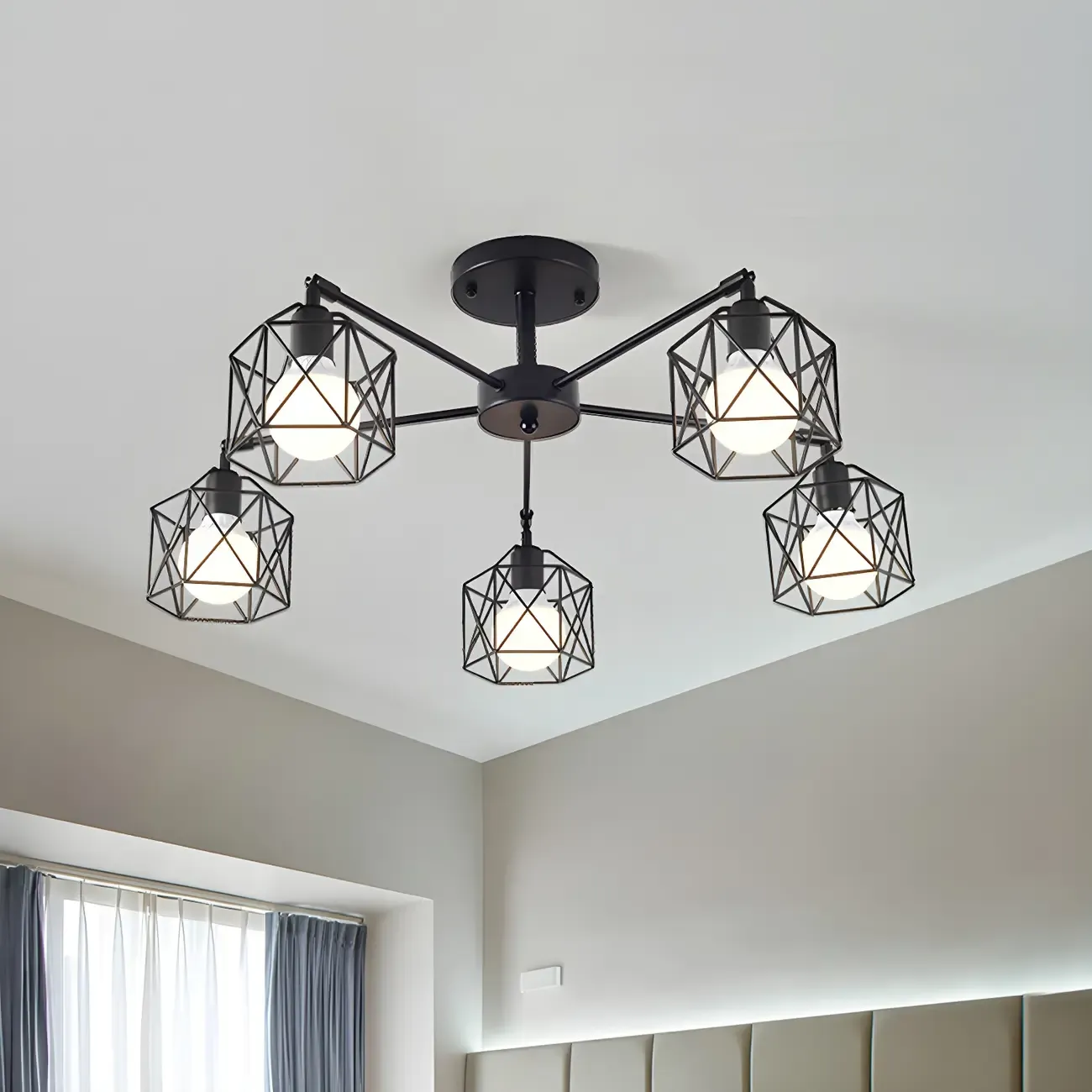 Industrial Black Metal Semi-Flush Ceiling Light in 3/5-Light