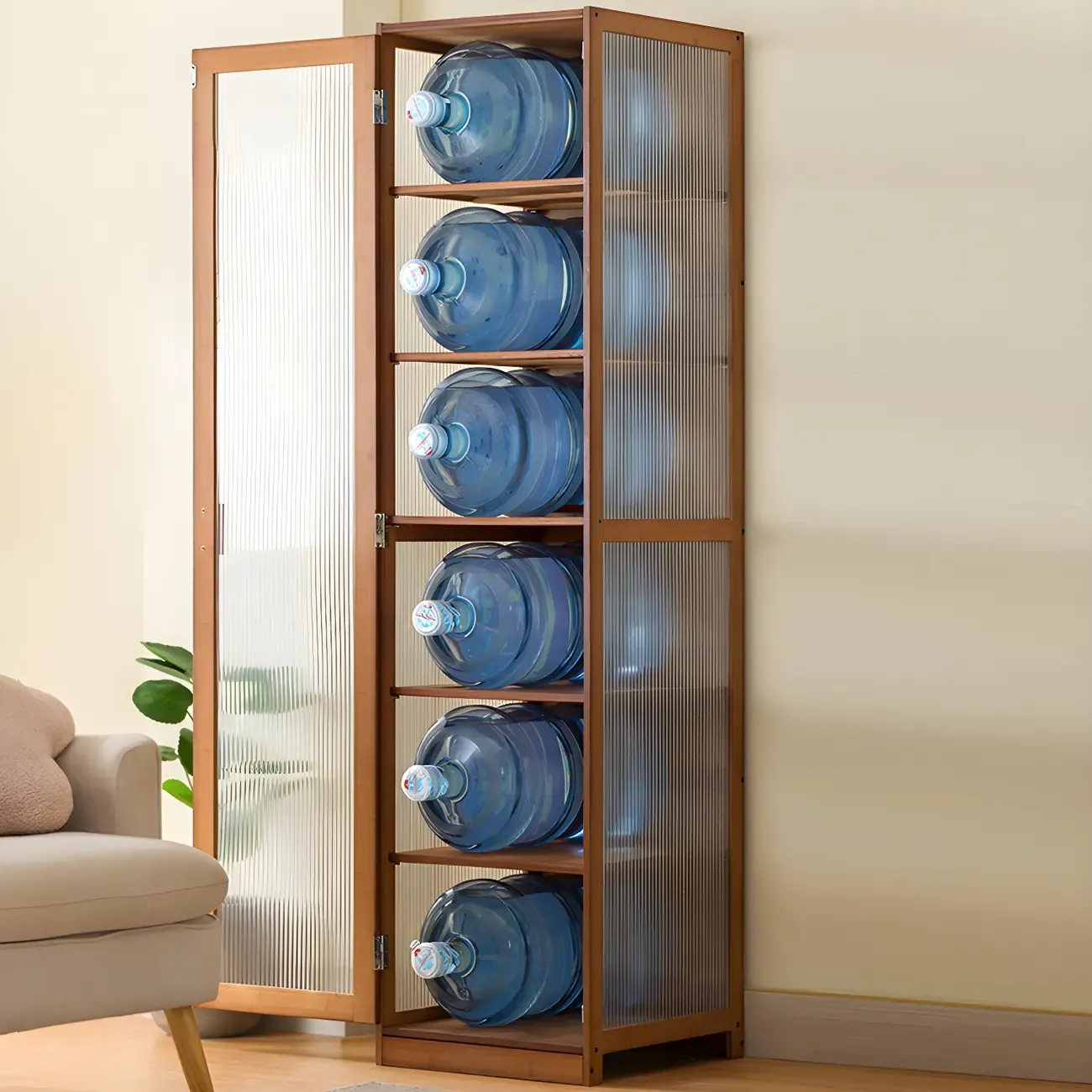 Narrow Adjustable Scandinavian Bamboo Glass Curio Cabinet