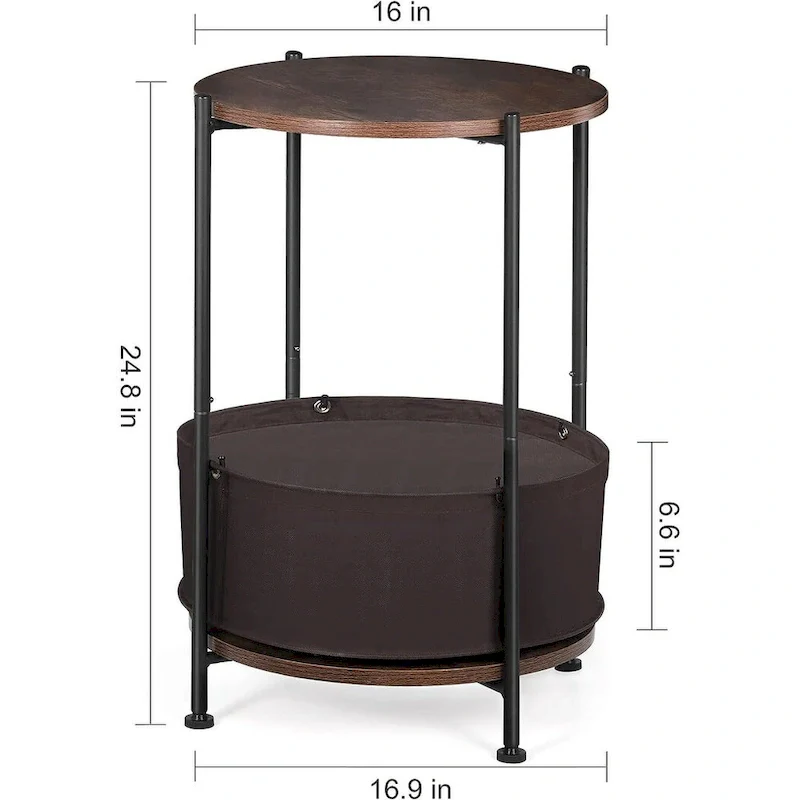Round 2-Tier End Table with Storage Basket, MDF Top, Industrial Style