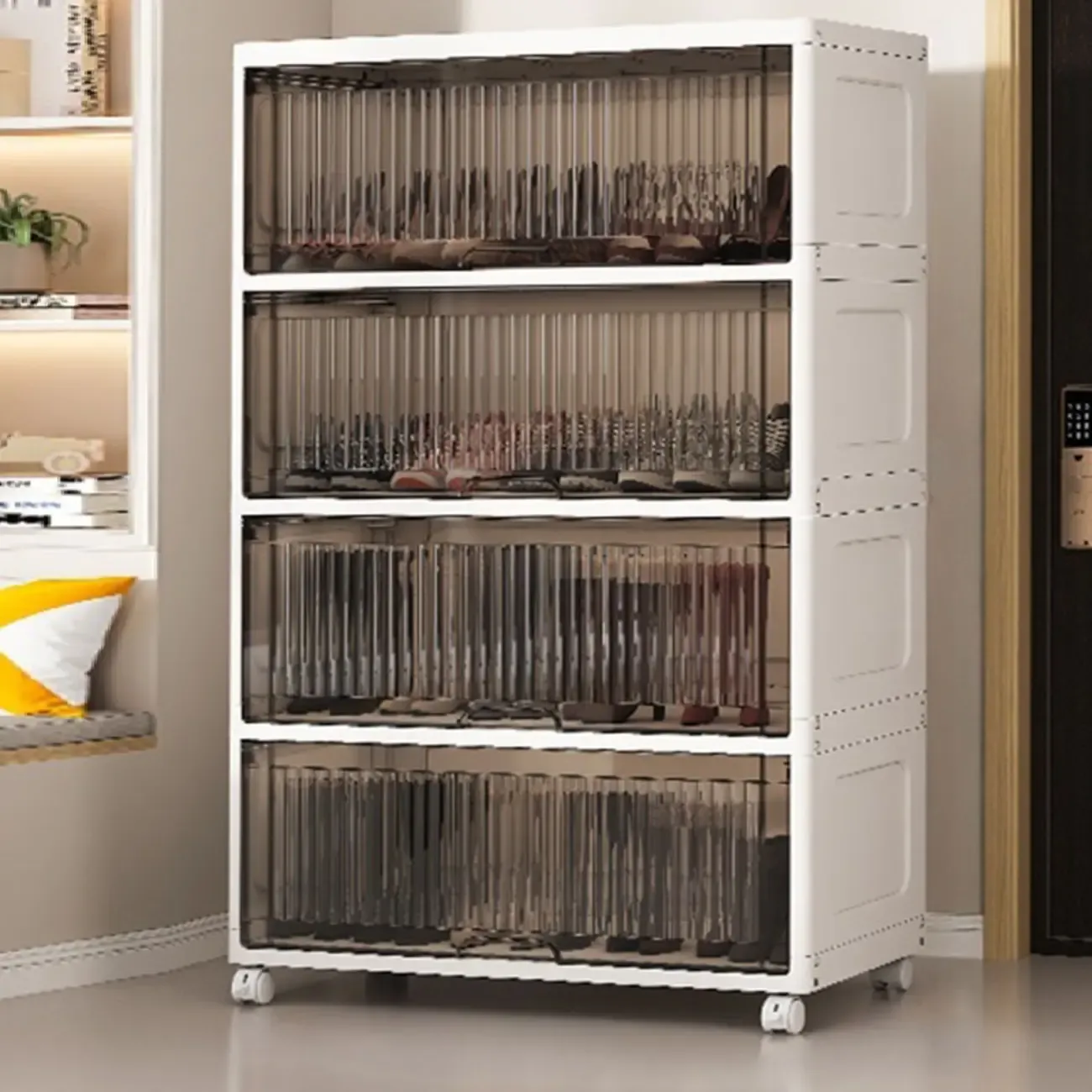 Hallway White Plastic Drop-Front Shoe Cabinet with Casters