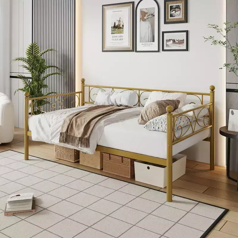 Gold / White / Black Twin Size Metal Bed Frame with Headboard, Single, Steel Slat Platform