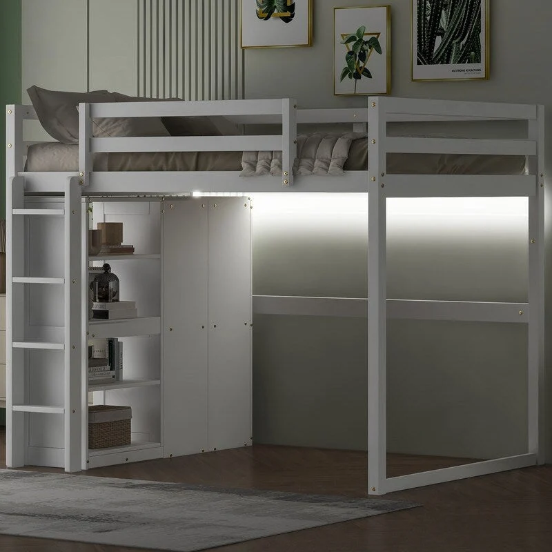 Wood Full Size Loft Bed with Built-in Wardrobe and Storage Shelves, Led light