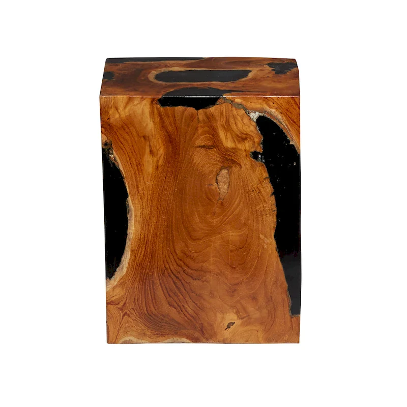 Teak Wood Block Accent Table with Black Resin Inlay - Brown-11Wx12Lx15H
