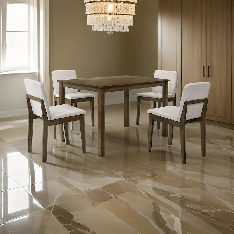 Zory 5pc Dining Table Set, 4 Padded Chairs, Beige Burlap, Brown Wood
