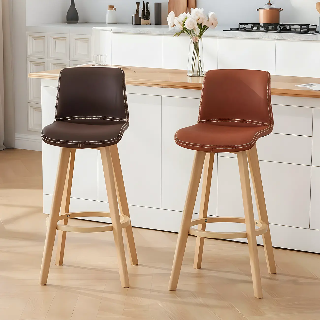 Saddle Leather Counter Height Low Back Swivel Bar Stools