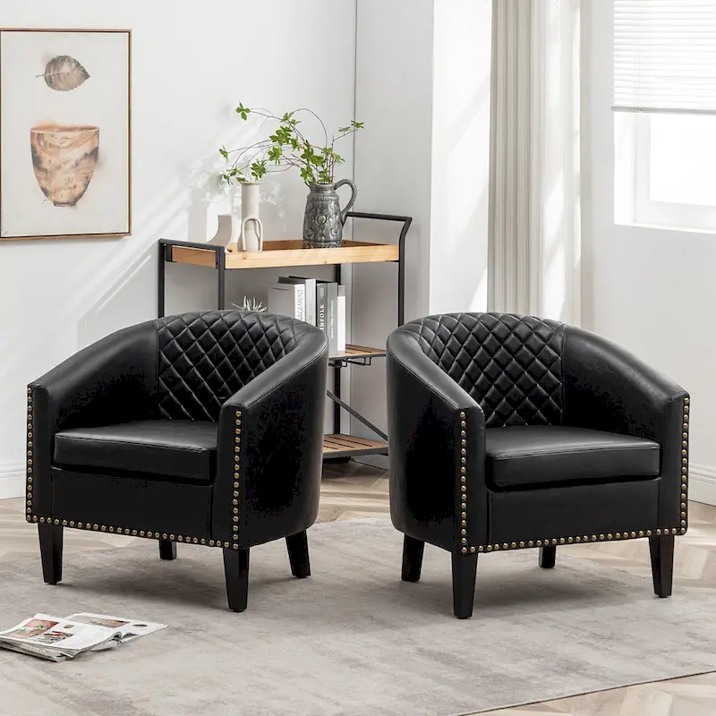 KINWELL 29 PU Faux Leather Club Armchair with Nailheads, Set of 2