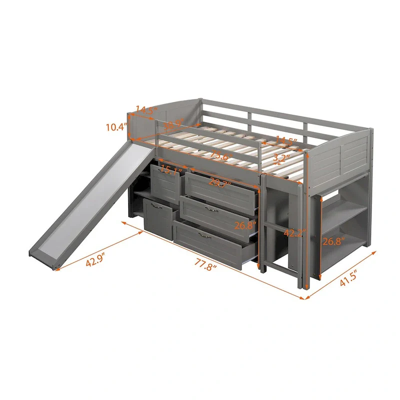 Gray High-Quality Solid Pinewood Loft Bed