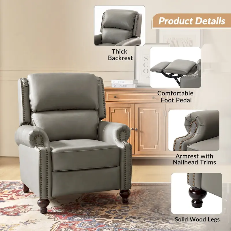 Gabriela Mid-Century Modern Genuine Leather Recliner Nail Head Trim Set of 2 by HULALA HOME