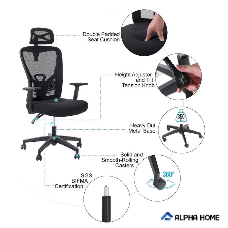 ALPHA HOME High Back Mesh Office Chair Adjustable Headrest, Armrest, Rolling Swivel Reclining Chair