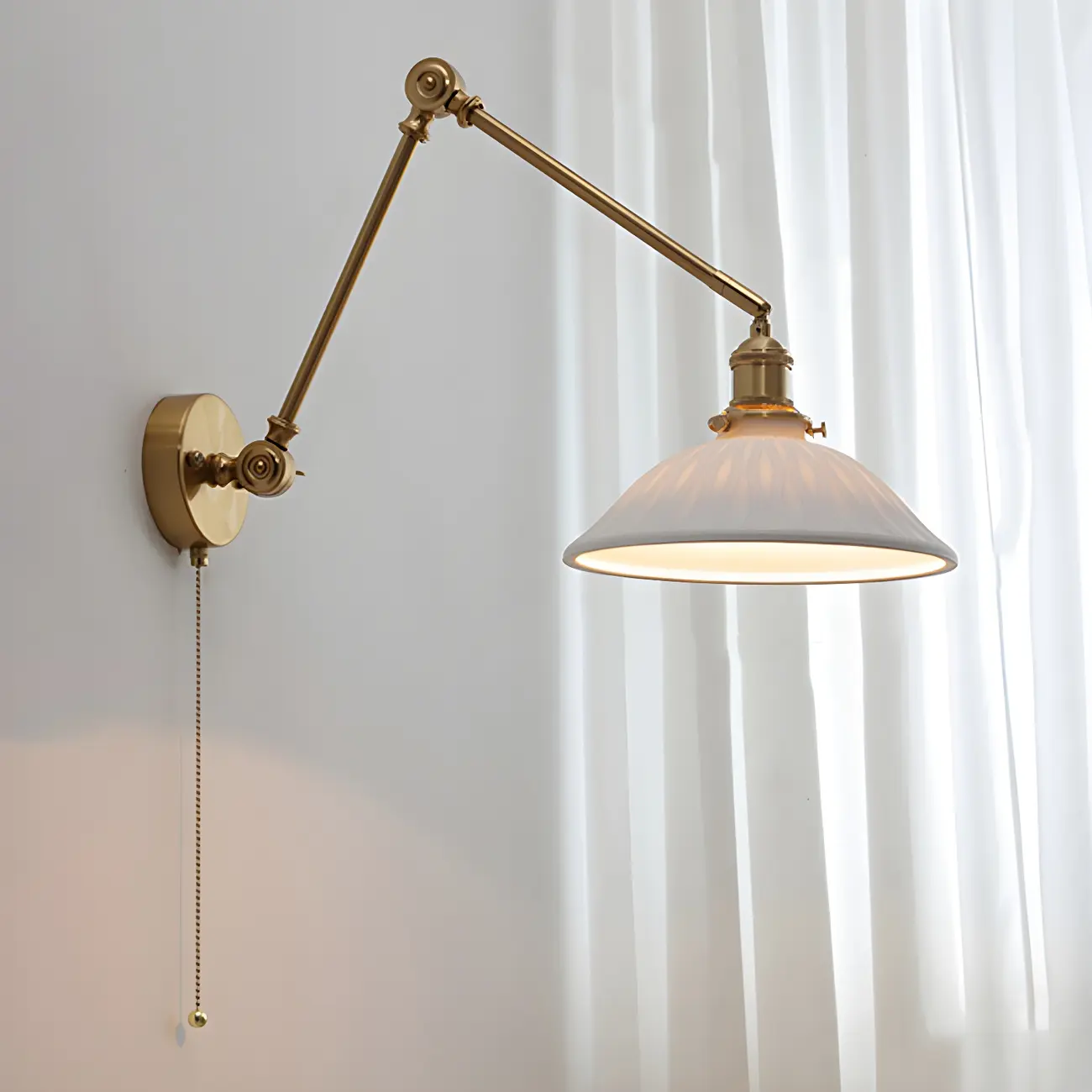 Classic Gold Metal Swing Arm Ceramics Shade Wall Light