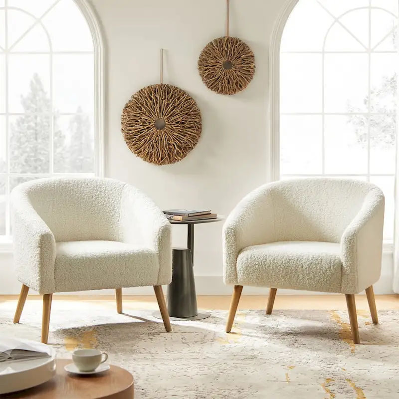 Sheila Modern 30 W Boucle Armchair with Solid Wood Legs Set of 2 by HULALA HOME