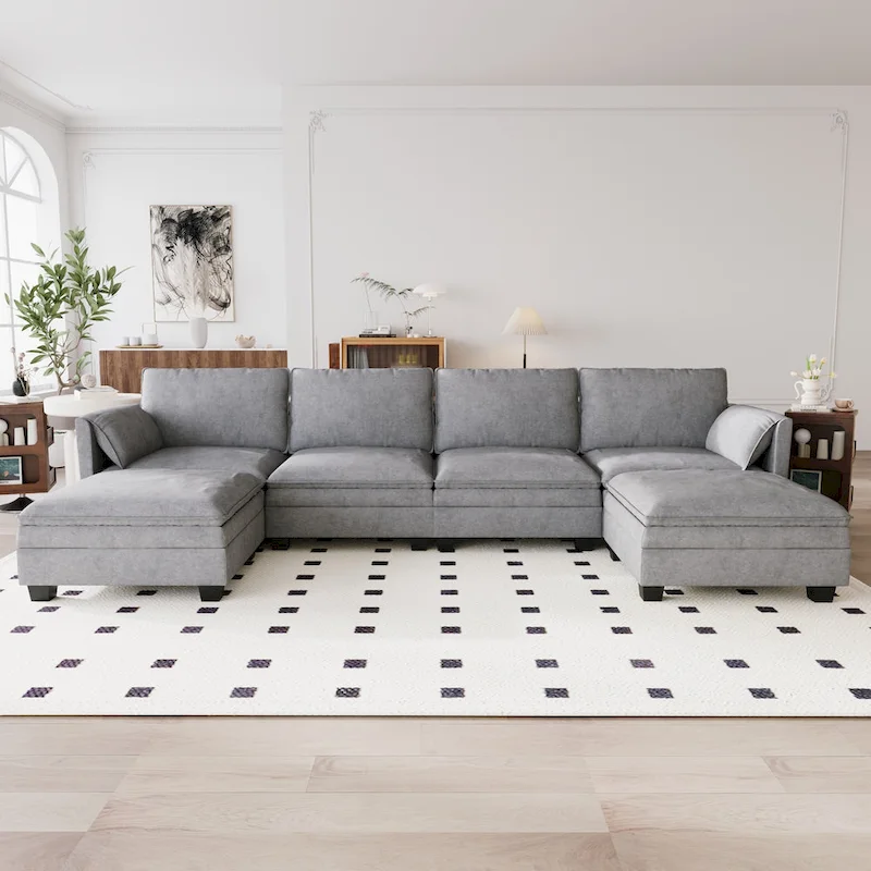 Christopher Knight Home - Noah 141.5 U-Shaped 6-Seater Sofa Couch with Movable Ottoman and Armrest Pockets, Fabric Upholstery