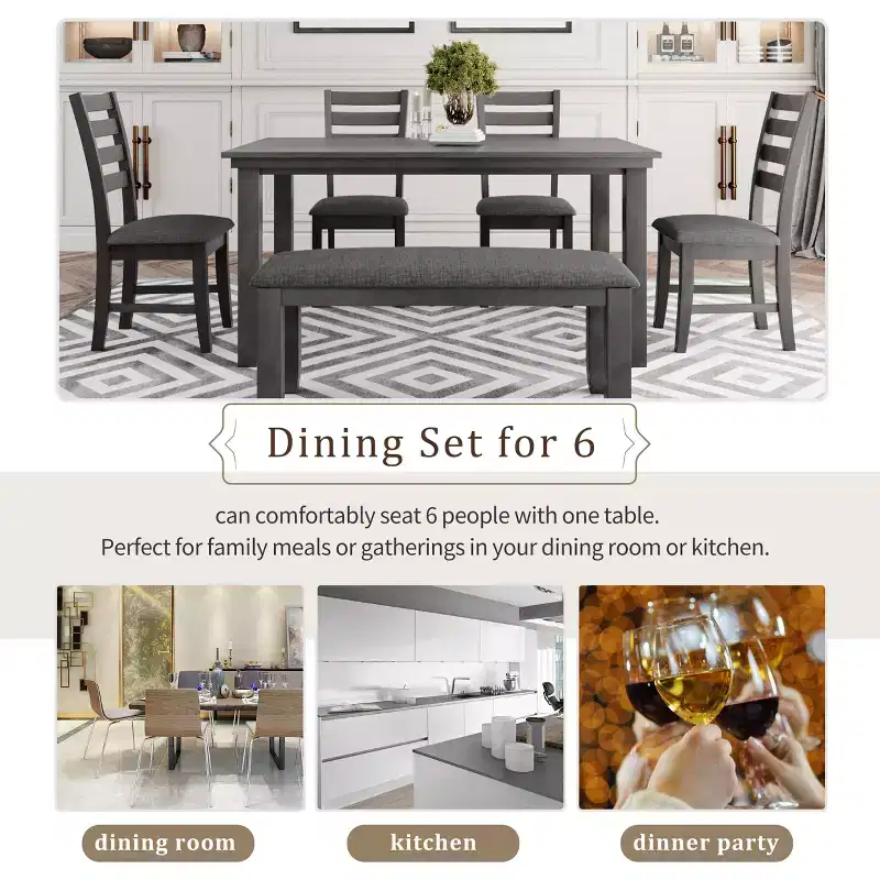 GDFStudio Mark 6 Piece Solid Wood Dining Set with Table and Chairs