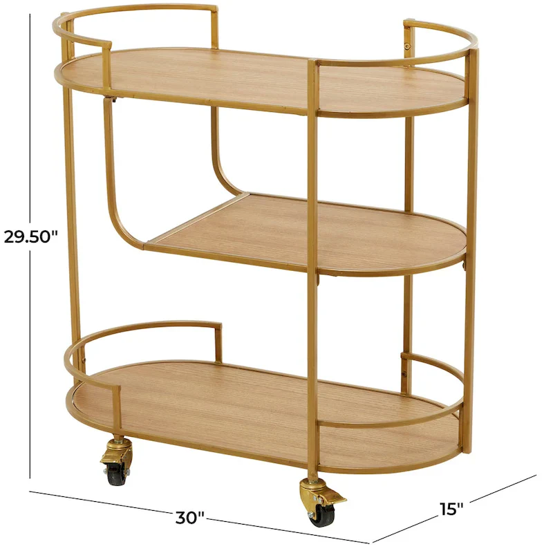 Wood Rolling 3 Shelves Bar Cart with Handles - Gold - 15W x 30L x 30H