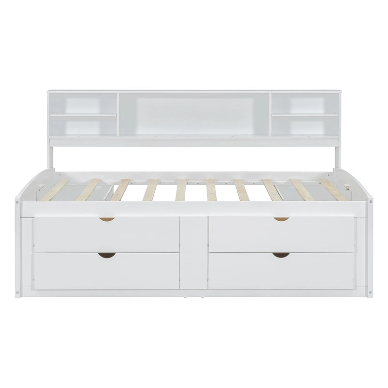 Full Wooden Daybed with Cabinets, Shelves, and Drawers