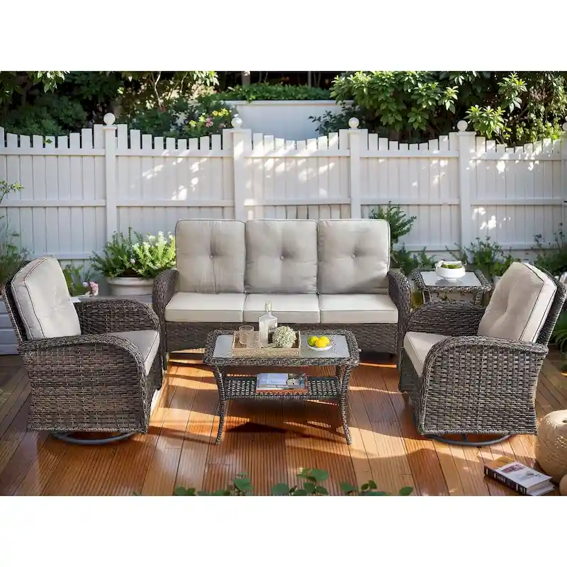 Patio Sofa with 2 Swivel Chair Coffee Table - Brown