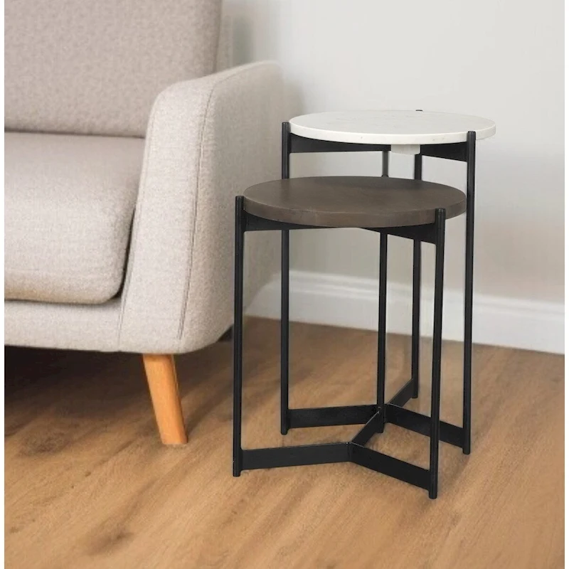HomeRoots Set of Two Brown White and Black Marble Solid Wood and Metal Round Nested Tables - 16' X '24' X '16