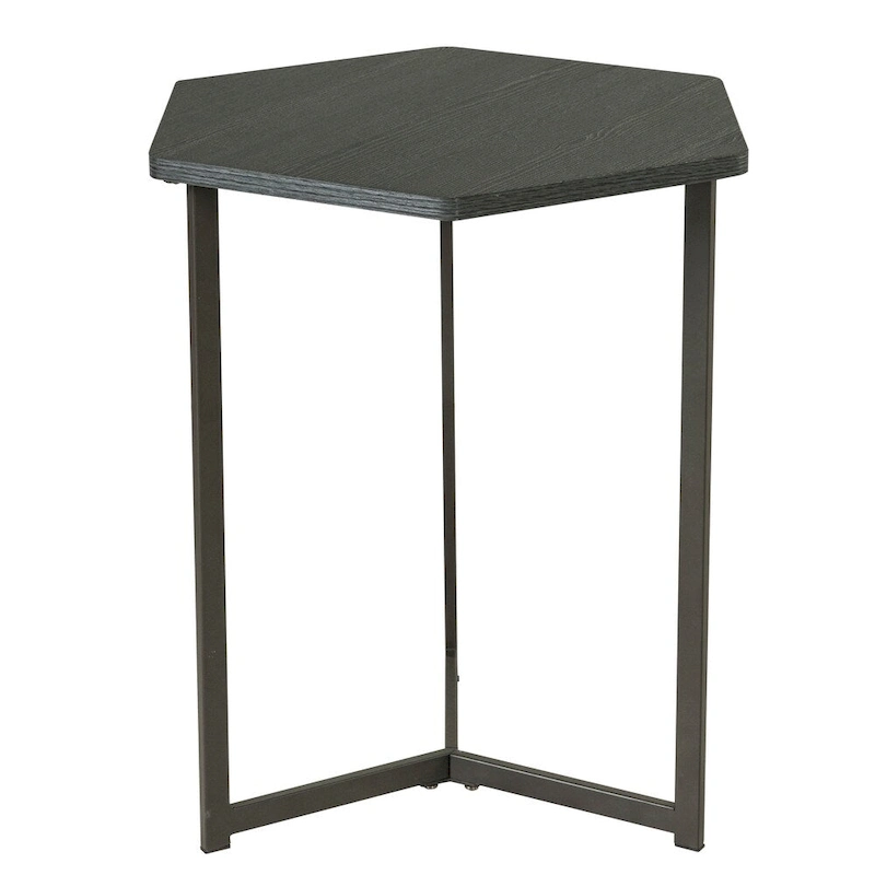 Dark Wood Finish Top Hexigon Side Table with Metal Base