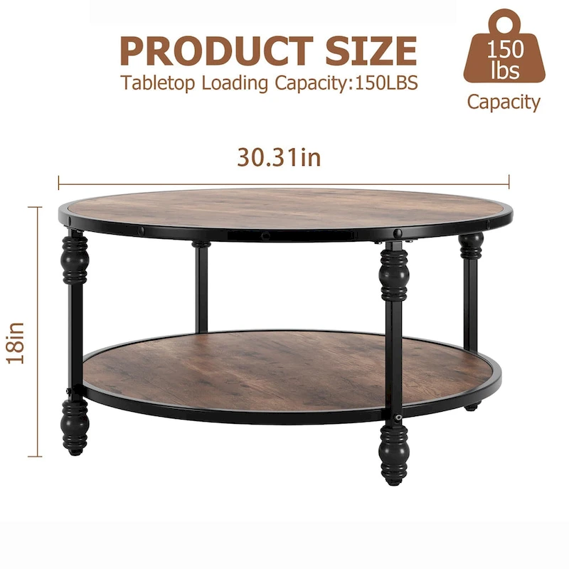Coffee Table Round Rustic Center Table with Storage Shelf