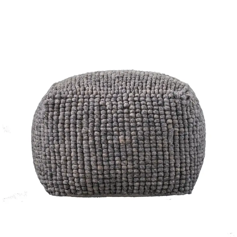 Cream/Grey/Teal Wool & Cotton Round Pouf Ottoman, 24