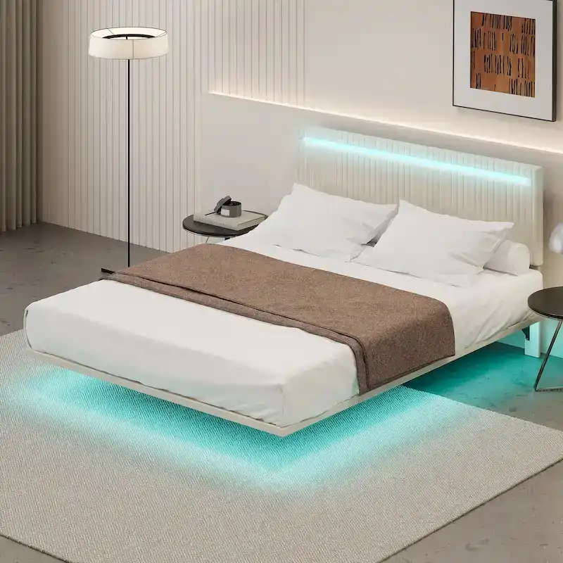 Modern Upholstered Floating Bed Frame with LED Lights, Vertical Channel Design Velvet Fabric Bed, Full Size, Beige