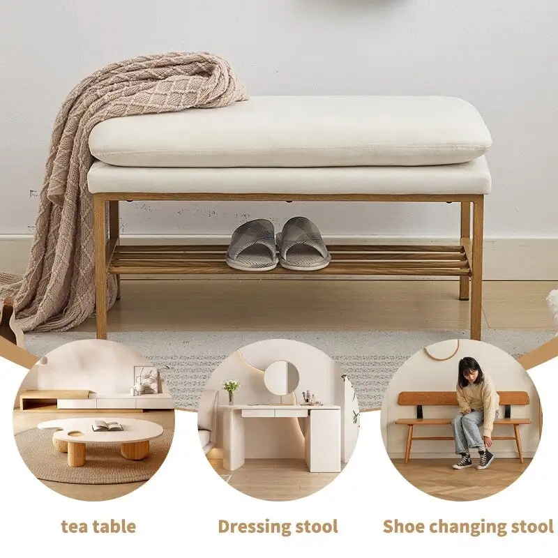 Beige Upholstered Storage Bench with Metal Legs - 32