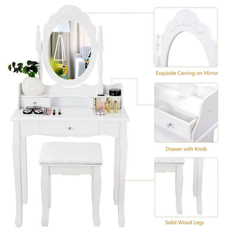 Costway White Vanity Wood Makeup Dressing Table Stool 3 Drawer
