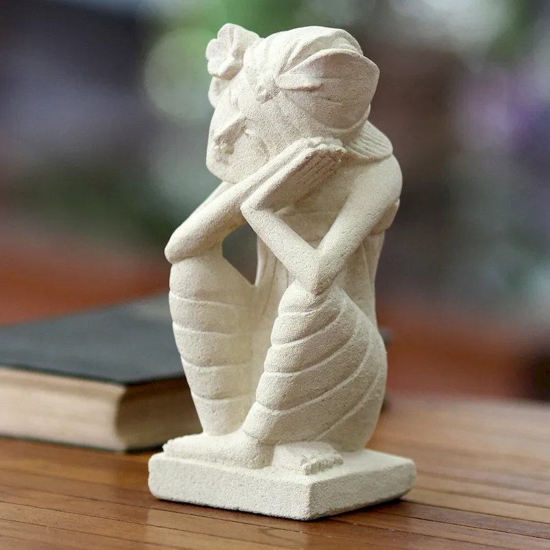 Handmade Sandstone 'A Boy's Daydream' Sculpture (Indonesia)