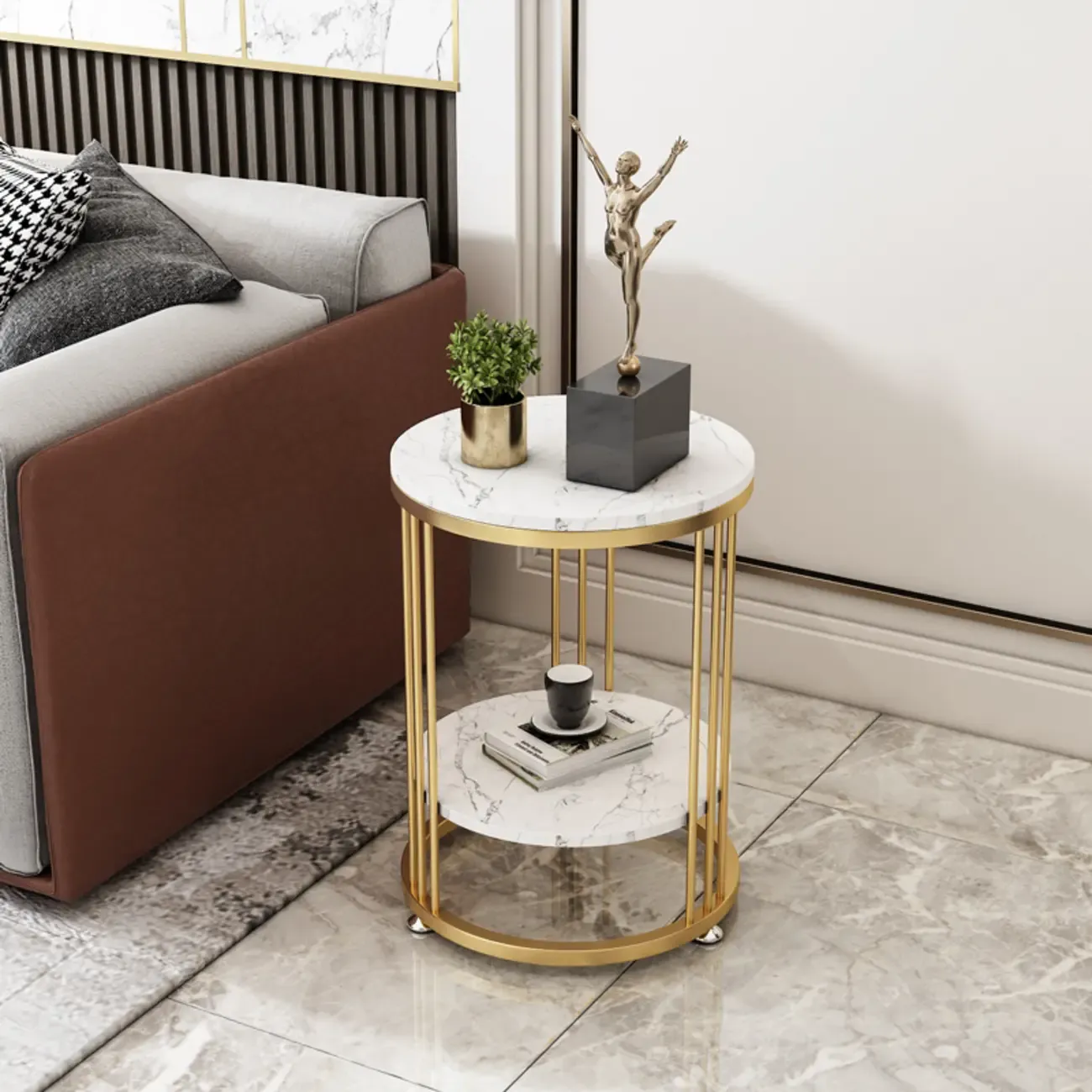 Marble Round End Table for Living Room with Storage