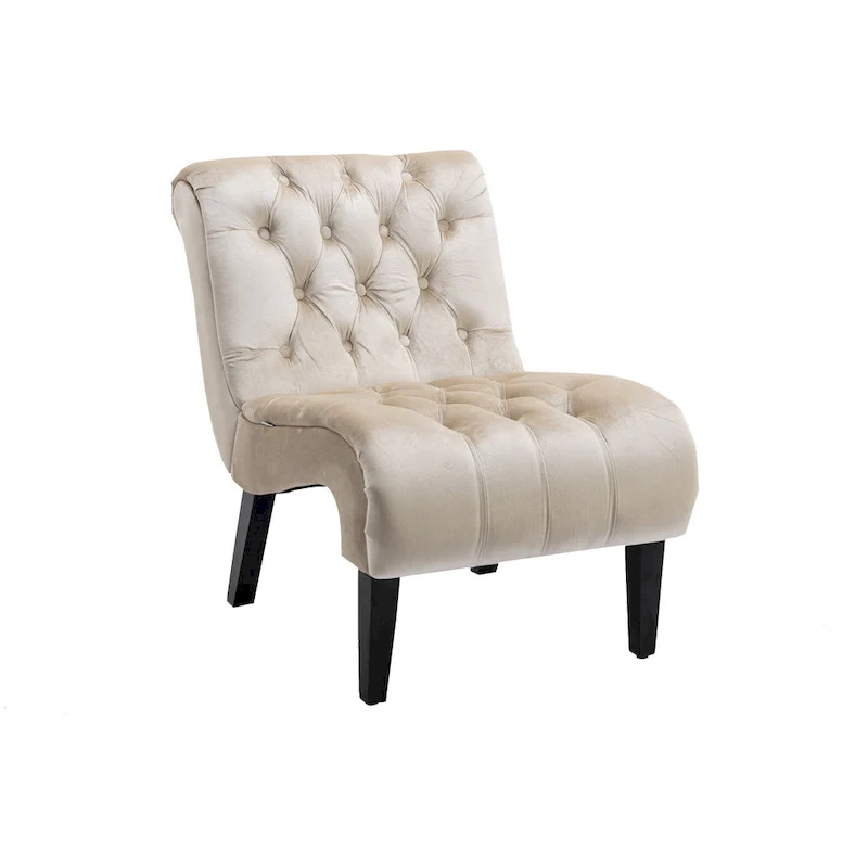 Beige Velvet Accent Chair with Button Tufting and Wooden Legs