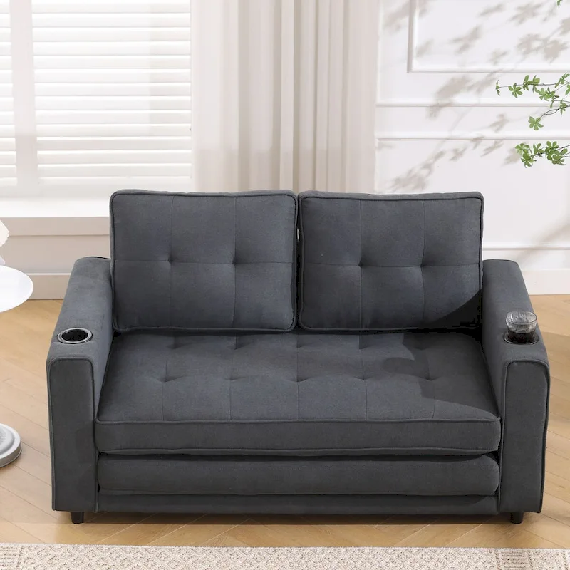 Oaks Aura Upholstered Futon Sofa with Pull-Out Sleeper Couch, Muticolour Choice Foldable Tufted Loveseat With Cup Holder