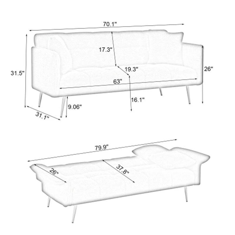 79.92 Teddy Velvet Upholstered Sofa Bed with Adjustable Back and Armrests