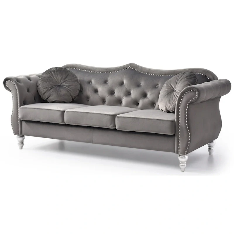 Hollywood 82 in. Velvet Chesterfield 3-Seater Sofa with 2-Throw Pillow - 82L x 35W x 34H