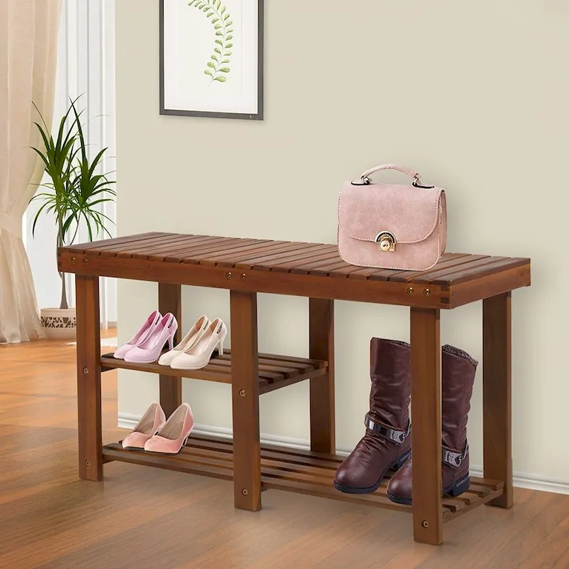 HomCom 3-Tier Acacia Wood Rustic Country Entryway Bench With Shoe Storage