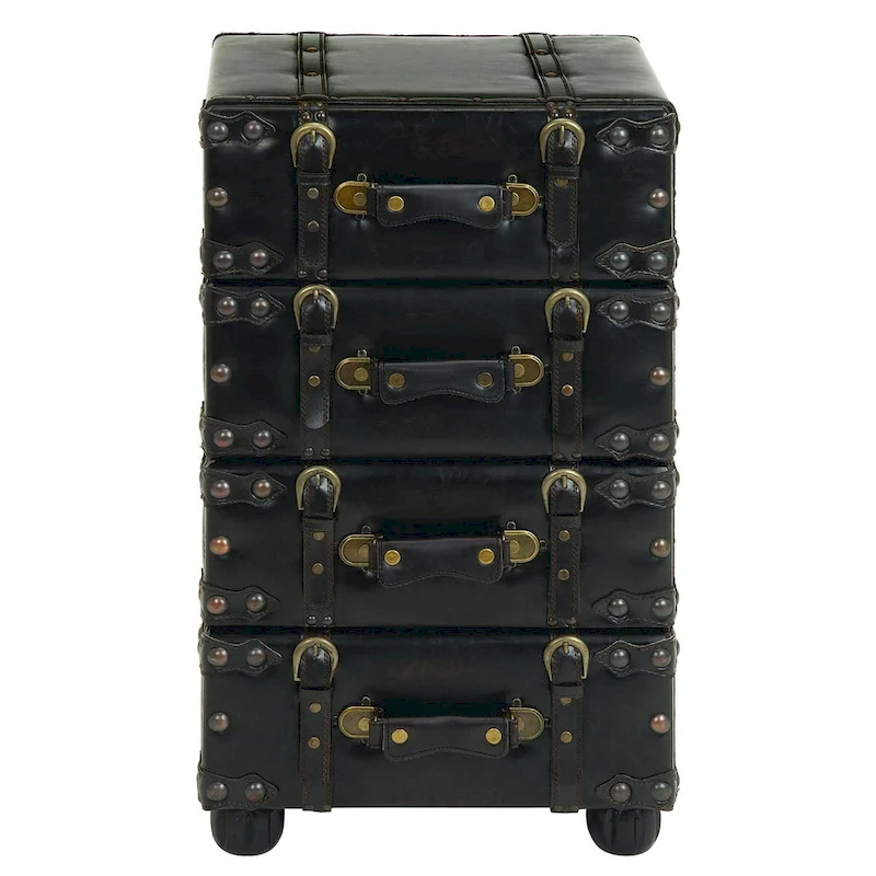 Faux Leather Vintage 4 Drawer Room Chest with Buckle Straps and Gold Stud Details - Black - Roche River Decor