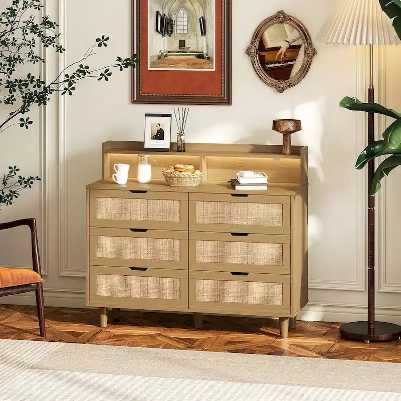 43-inch Wide 6-Drawer Dresser Cabinet with LED and Power Outlet