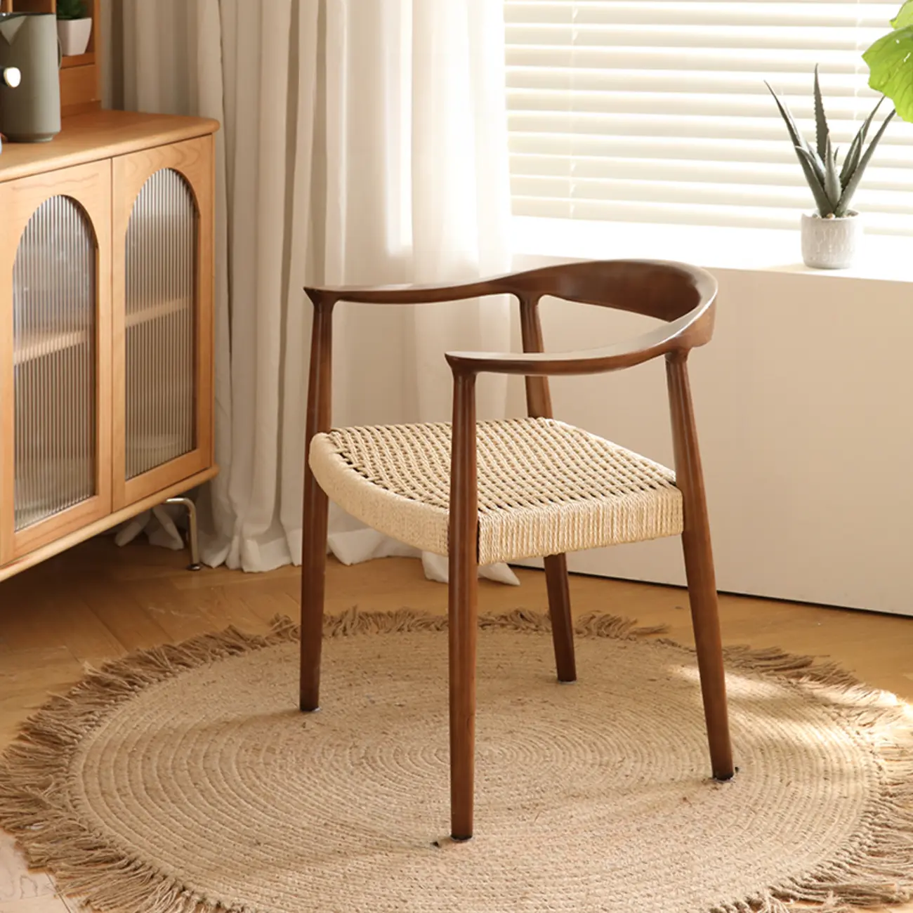 Scandinavian Curved Wood Woven Seat Armrest Dining Chair