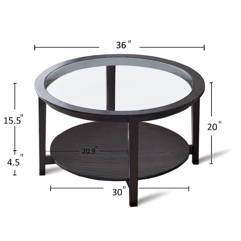36 in. Modern Black Round Solid Wood Glass Top Storage Coffee Table for Office Living Room - 36 in. W X 36 in. L X 20 in. H