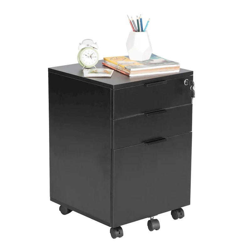 JJS 3 Drawer Rolling File Cabinet Wooden Storage with Lock & Wheels