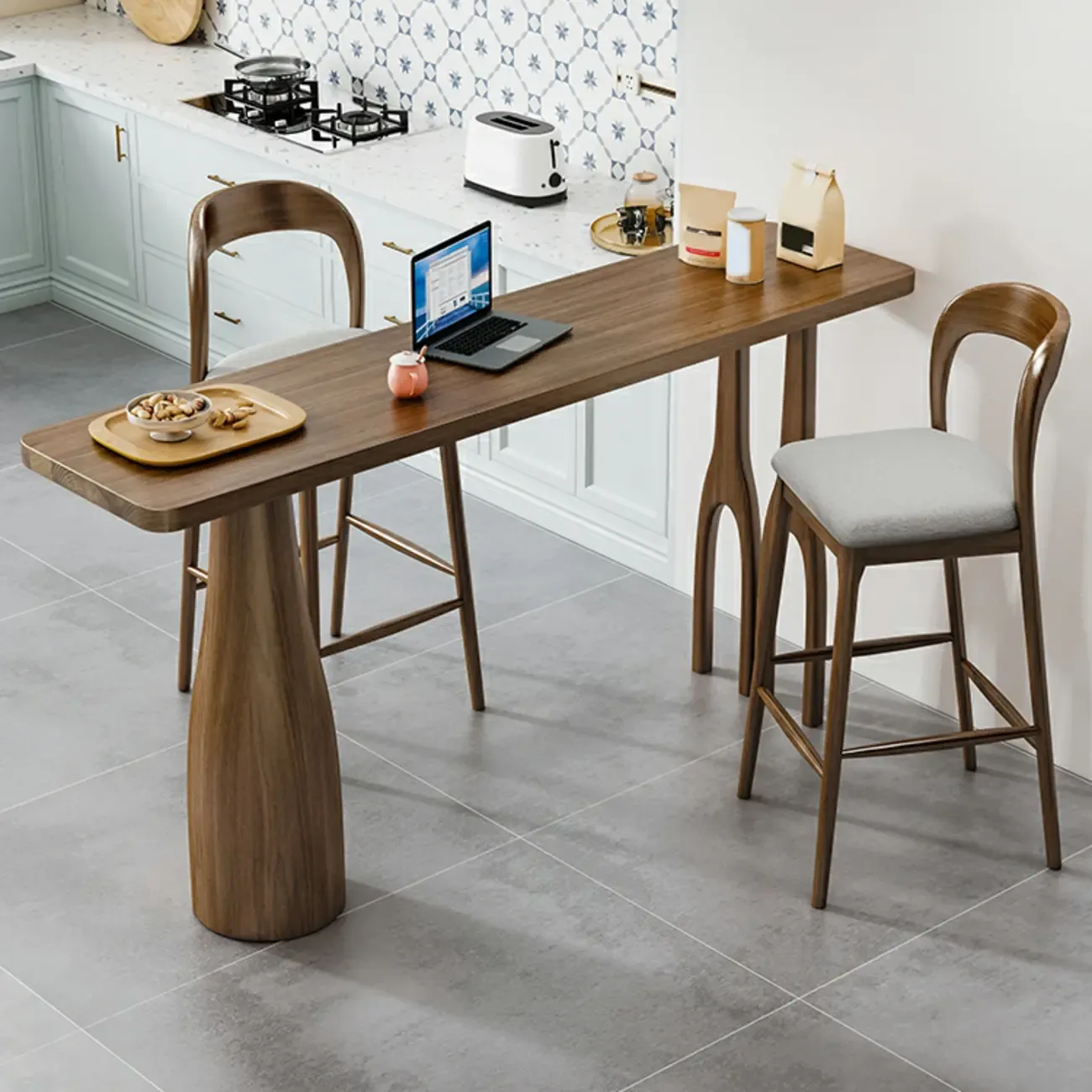 Modern Pine Wood Bar Set with Upholstered Chairs