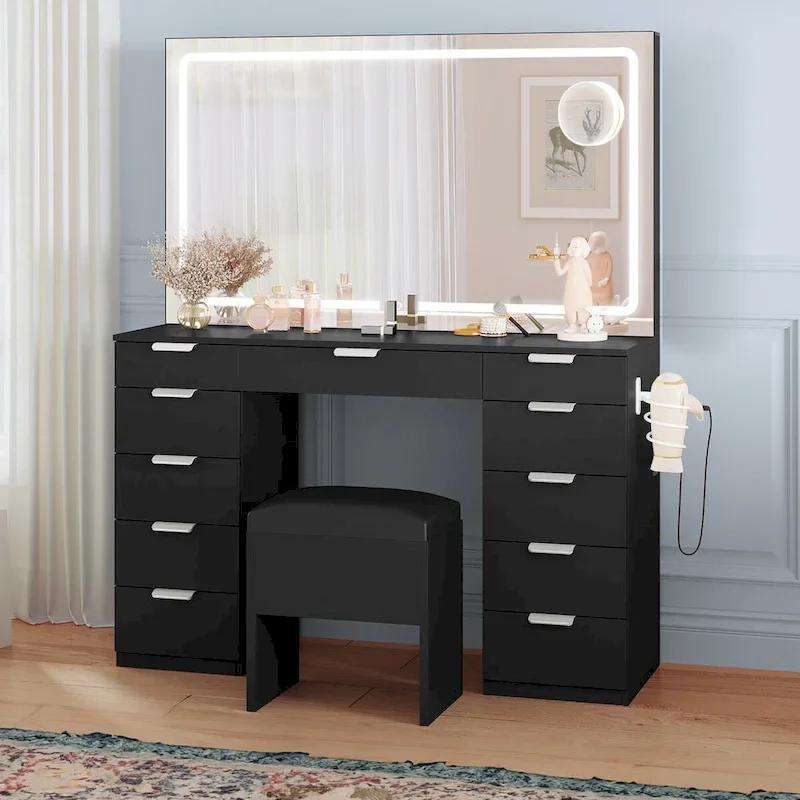11-Drawer Makeup Vanity with Large LED Lighted Mirror, Charging Station & Hair Dryer Rack - White 46