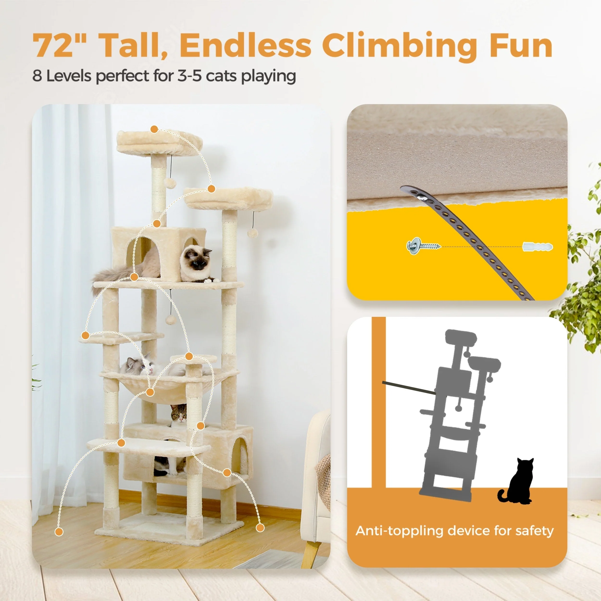 Large Cat Tower Cat Condo with Scratching Posts and Pads, 2 Padded Perch, Dual Condo and Basket