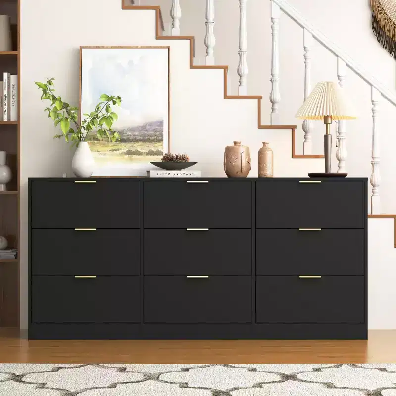 Modern Large 9-Drawer Dresser with Deep Drawers, Luxurious Gold Handles, Long Chest Dresser for Bedroom, Living Room, or Entryway-Panipeachy