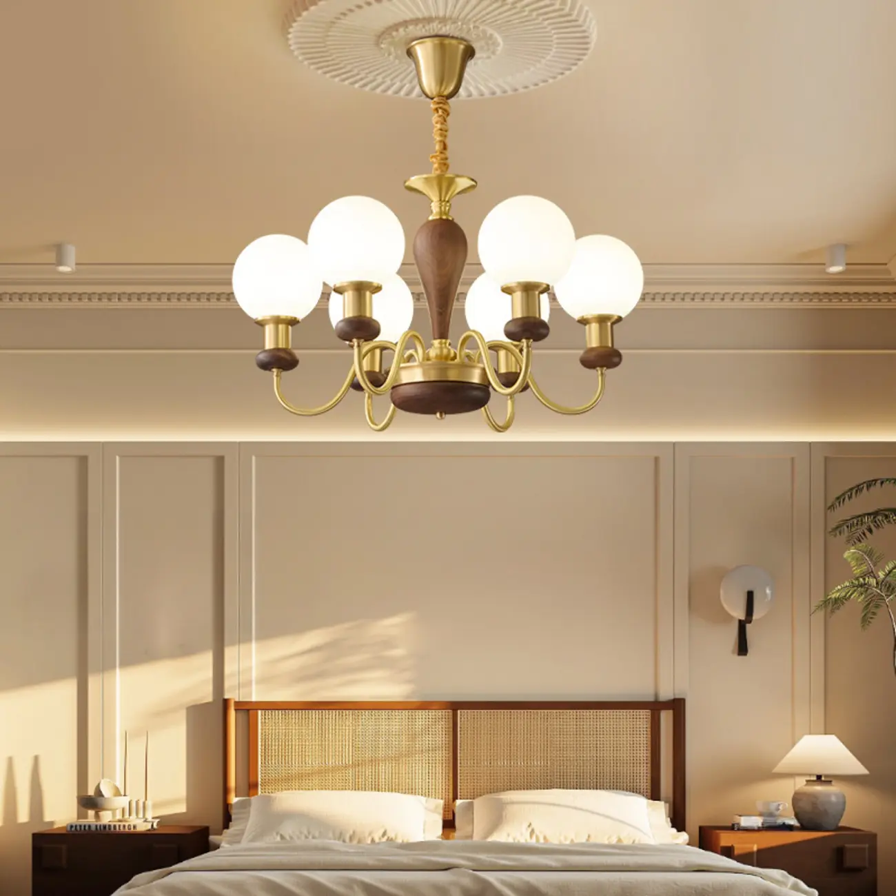 Mid-Century Brass Wood Chandelier with Globe Glass Shade