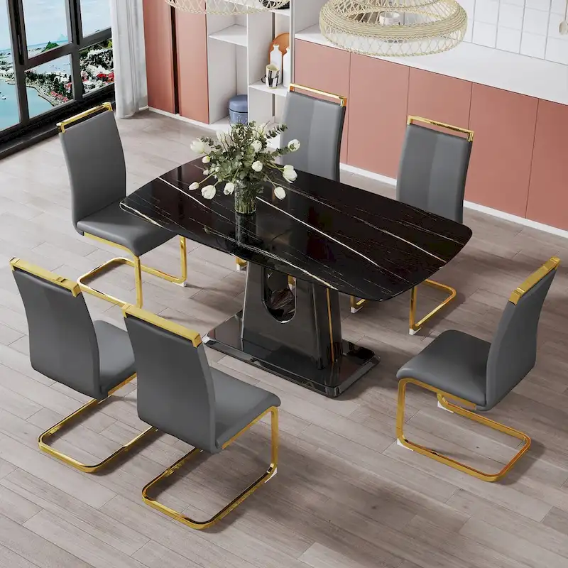 Dining table. Black imitation marble pattern desktop. Black MDF table legs, gold lines, black base