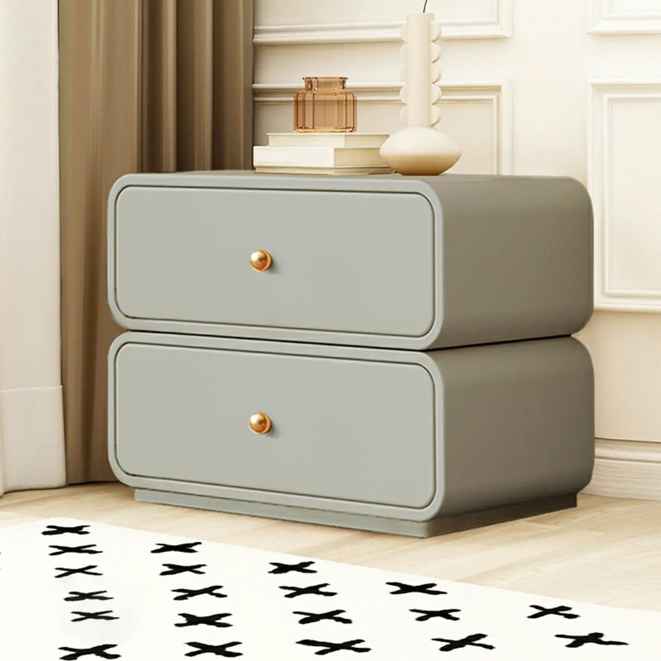 Modern White Faux Leather Rounded 2-Drawer Nightstand