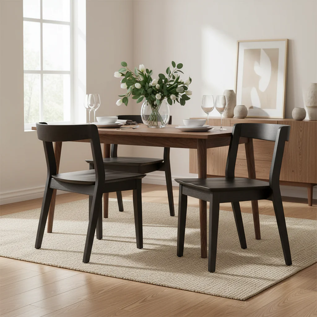 Set of 2 Black Solid Wood Chair with Curved Back