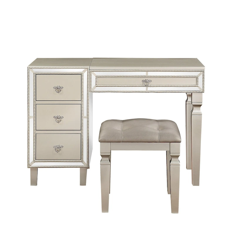 Fabric and Wood Vanity Set with Stool
