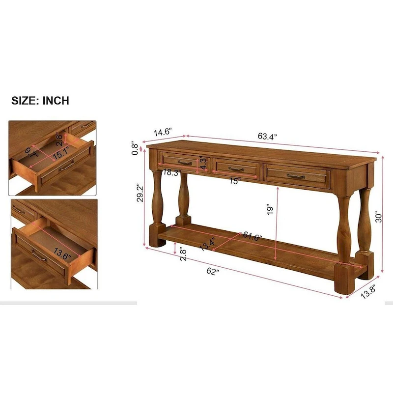 63 Solid Wood Console Table with 3 Drawers and 1 Bottom Shel