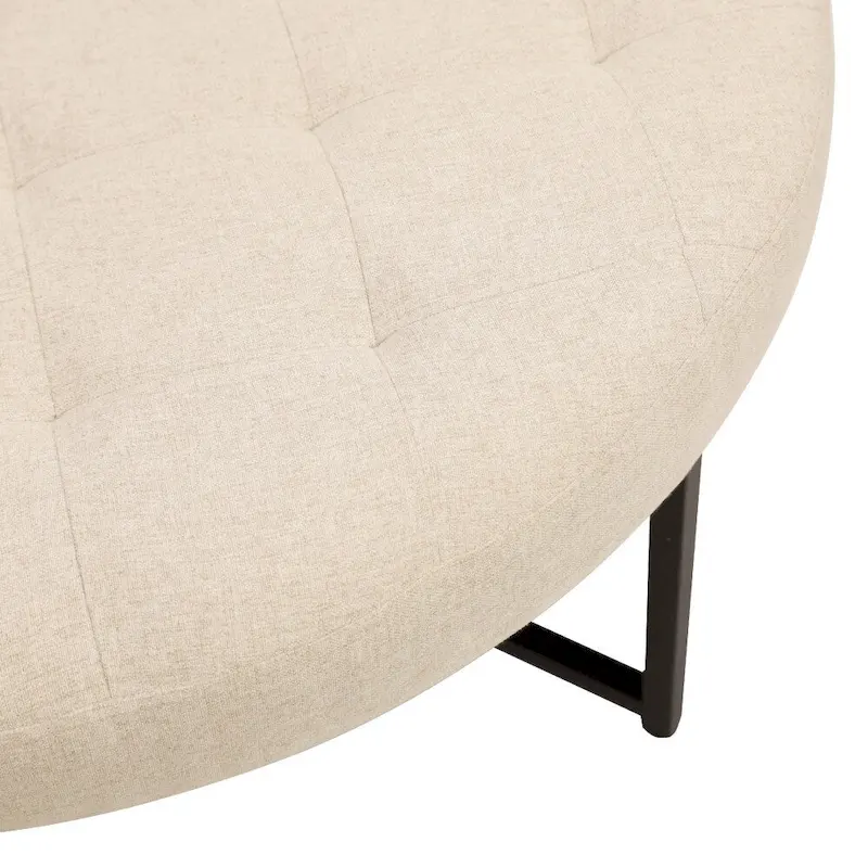 Tufted Round Cotton Linen Ottoman with Iron Frame